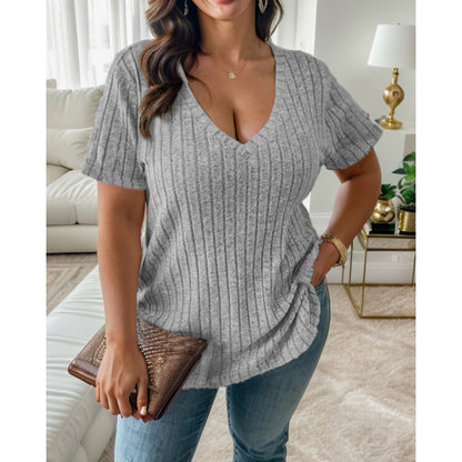 Women Casual Plus Size Solid Color Stripe V-Neck Short-Sleeve T-Shirt
