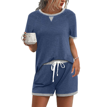 Summer Women Casual Round Neck Short-Sleeved T-Shirt Drawstring Shorts Two-Piece Set