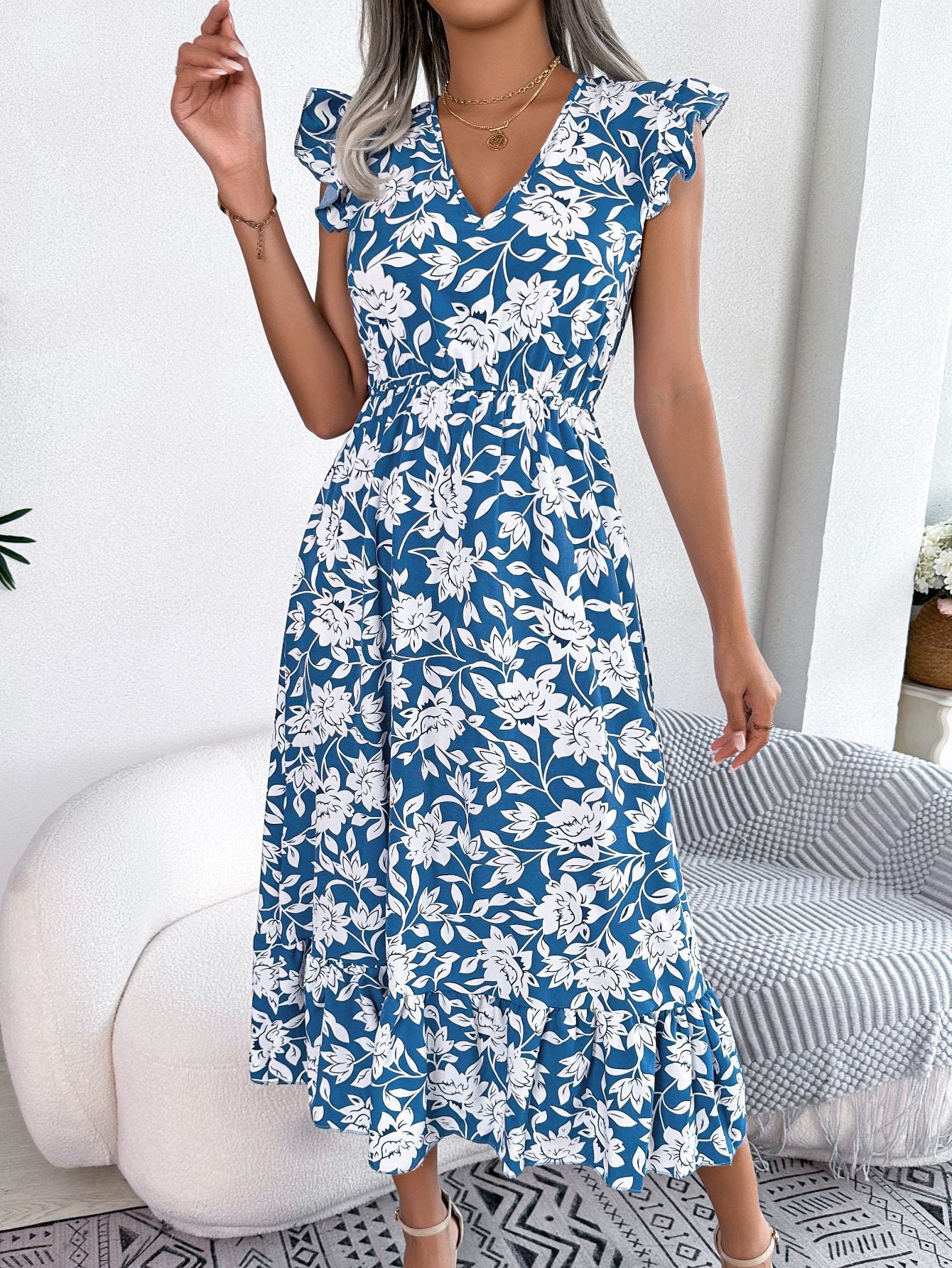 Vestido de fiesta floral con orejeras de madera, informal y de moda para mujer