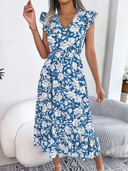 Vestido de fiesta floral con orejeras de madera, informal y de moda para mujer