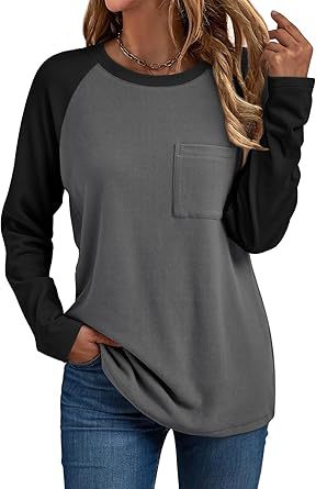 Camiseta informal de manga larga con cuello redondo y bolsillo para mujer