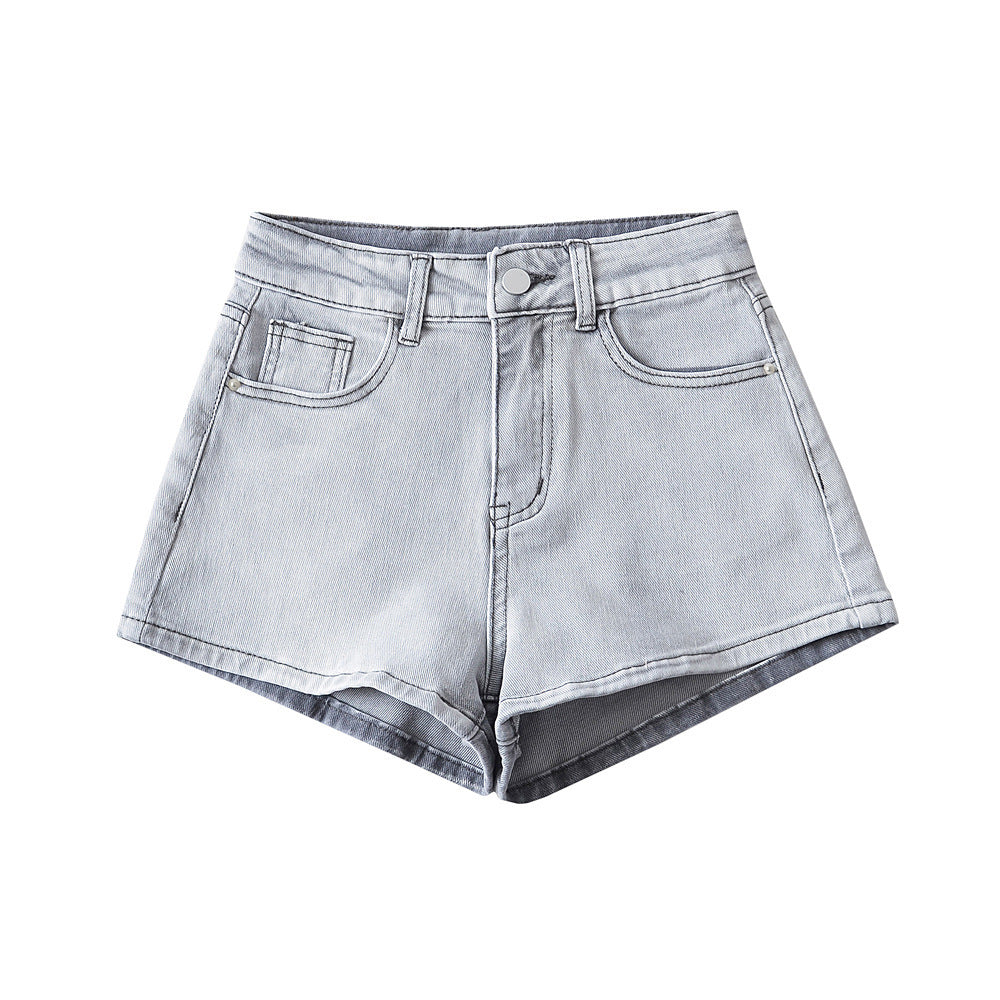Pantalones cortos vaqueros rectos de cintura alta de color liso informales a la moda para mujer