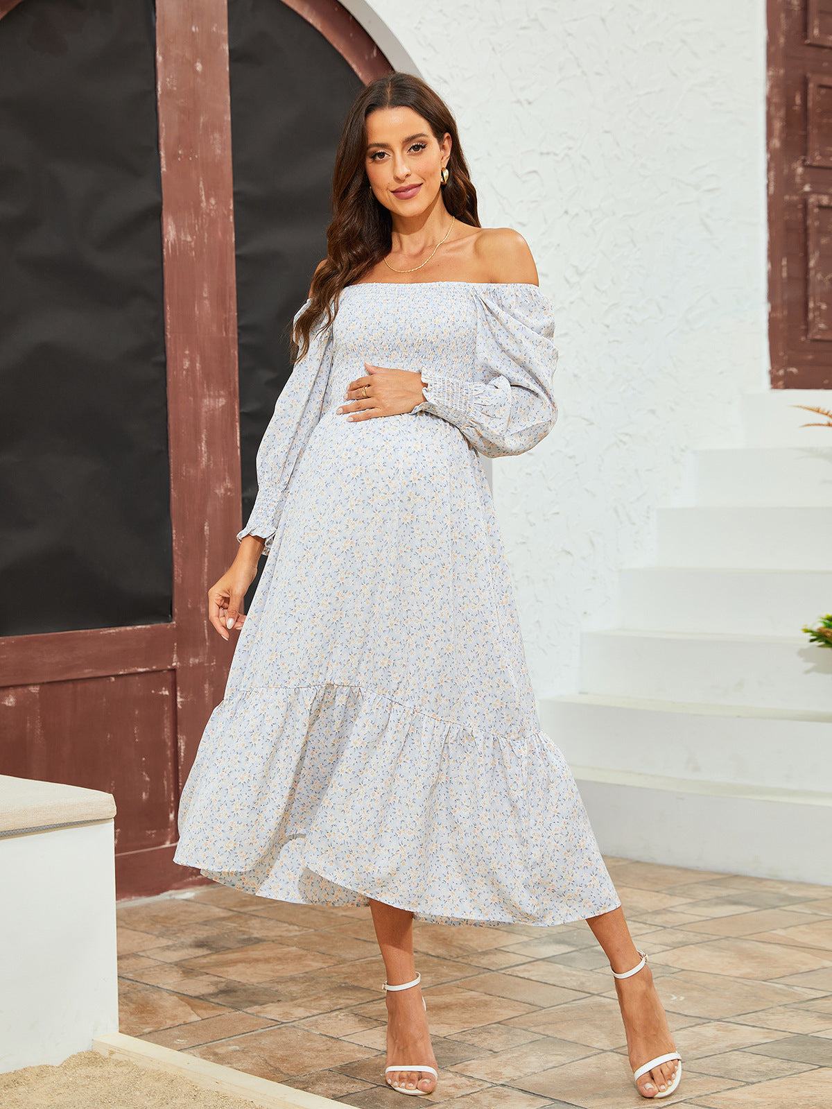 Pregnant Women Fashion Casual Chiffon Floral Printed Ruffled Long-Sleeve Dress