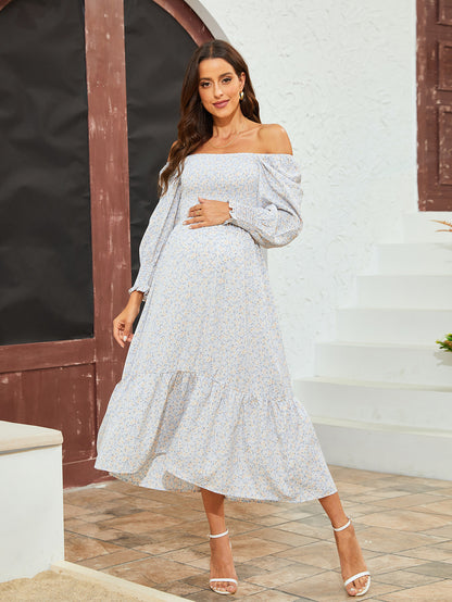 Pregnant Women Fashion Casual Chiffon Floral Printed Ruffled Long-Sleeve Dress