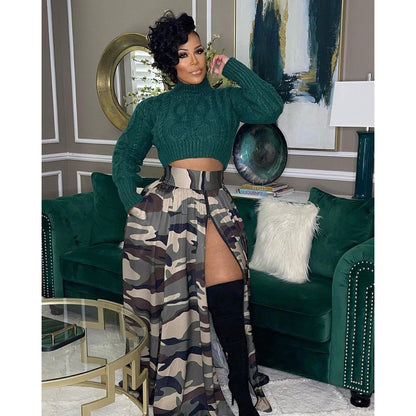 Fashion Women Casual Camouflage Print Zipper Slit Elastic Waist Skirt
