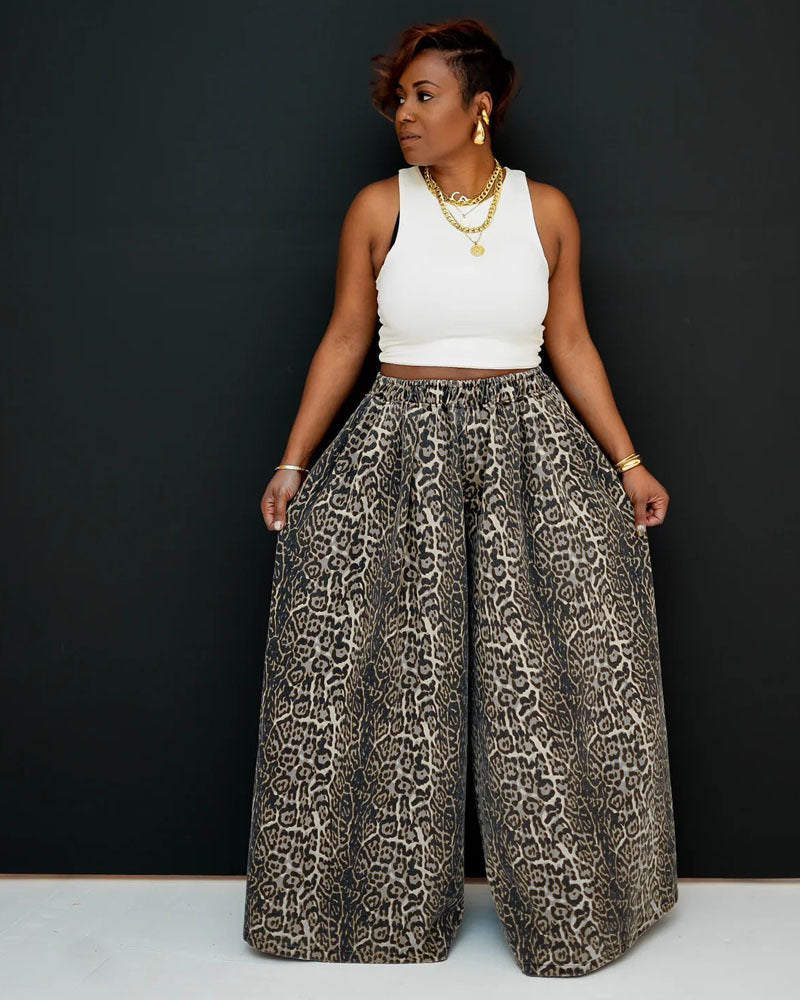 Women Casual Fashion Camouflage Leopard Printed Wide Leg Pants