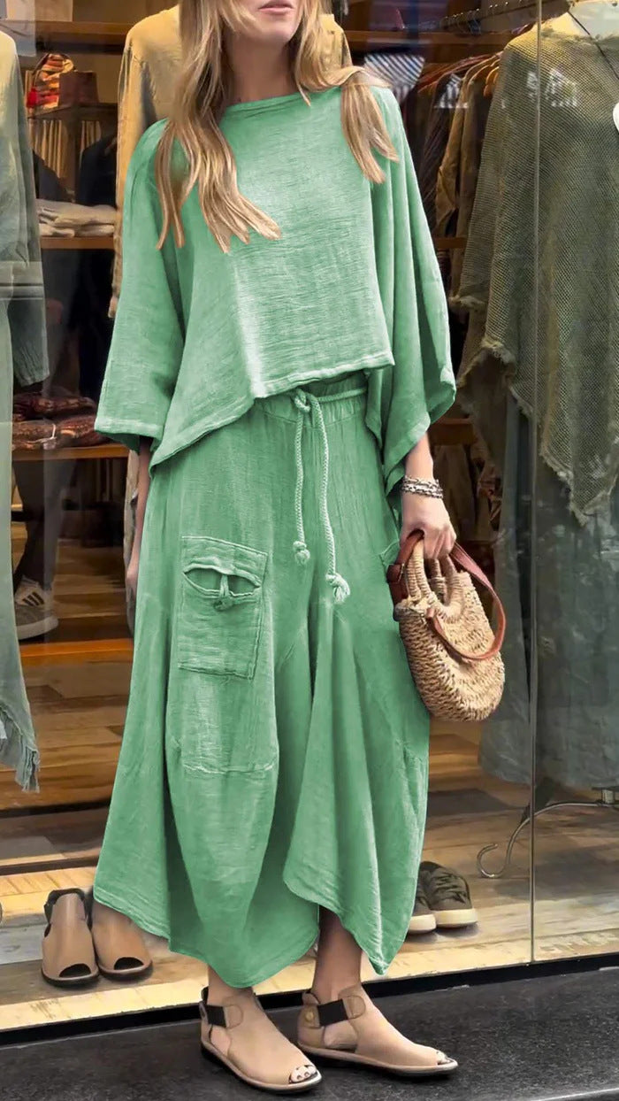 Conjunto de dos piezas para mujer, informal, de color liso, holgado, de manga larga, con falda irregular y cordones