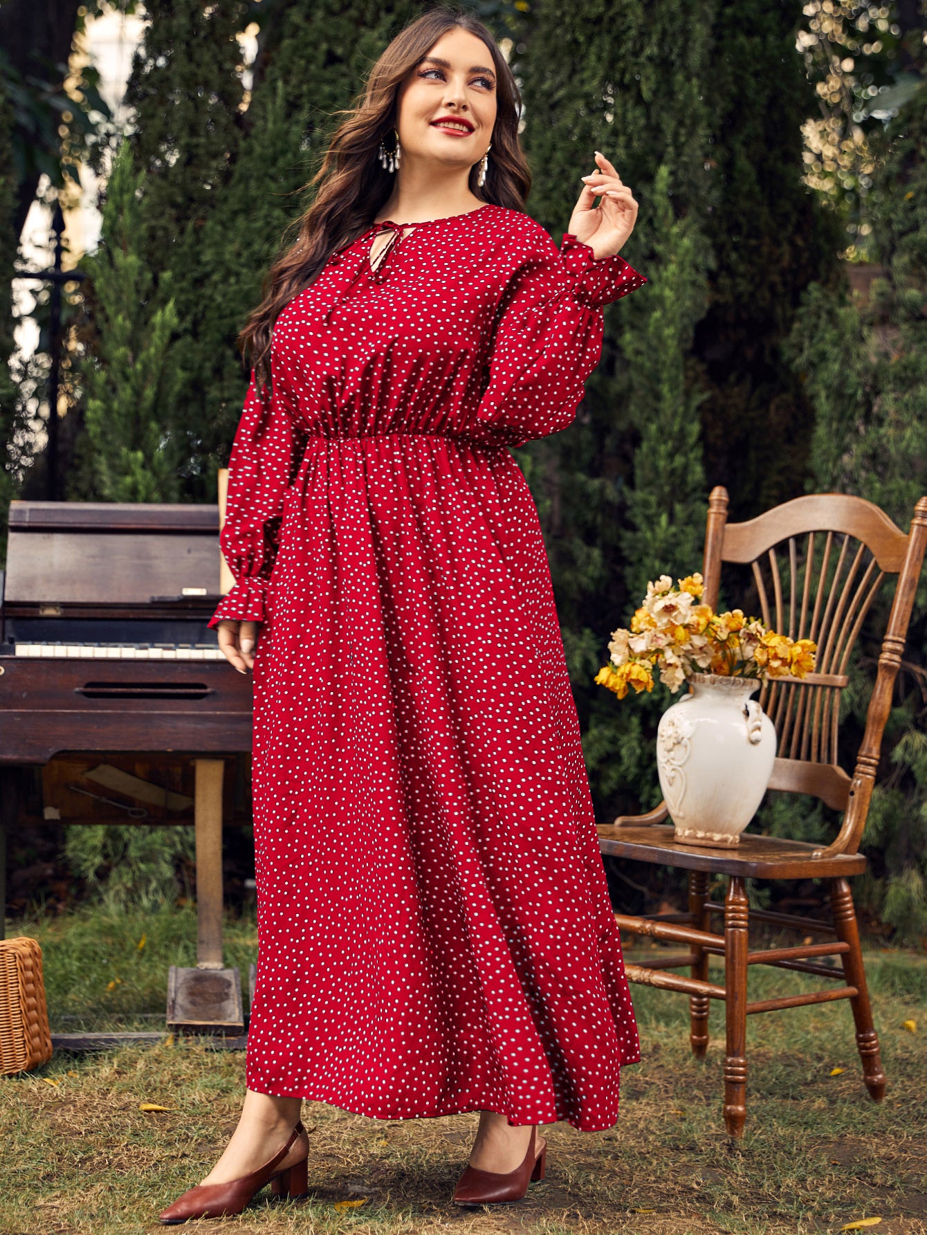 Women Fashion Casual Plus Size Polka Dot Print Long Sleeve Dress