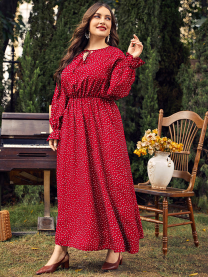 Women Fashion Casual Plus Size Polka Dot Print Long Sleeve Dress