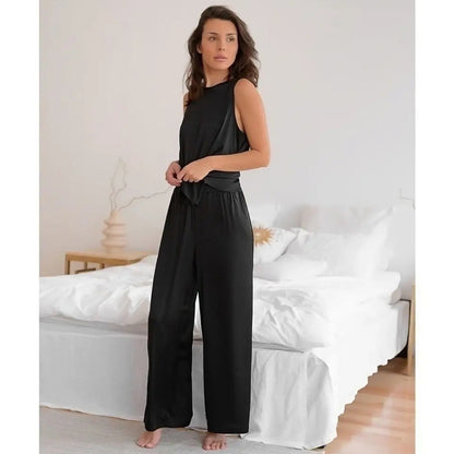 Conjunto de top y pantalón sin mangas cruzados en color liso informal a la moda para mujer