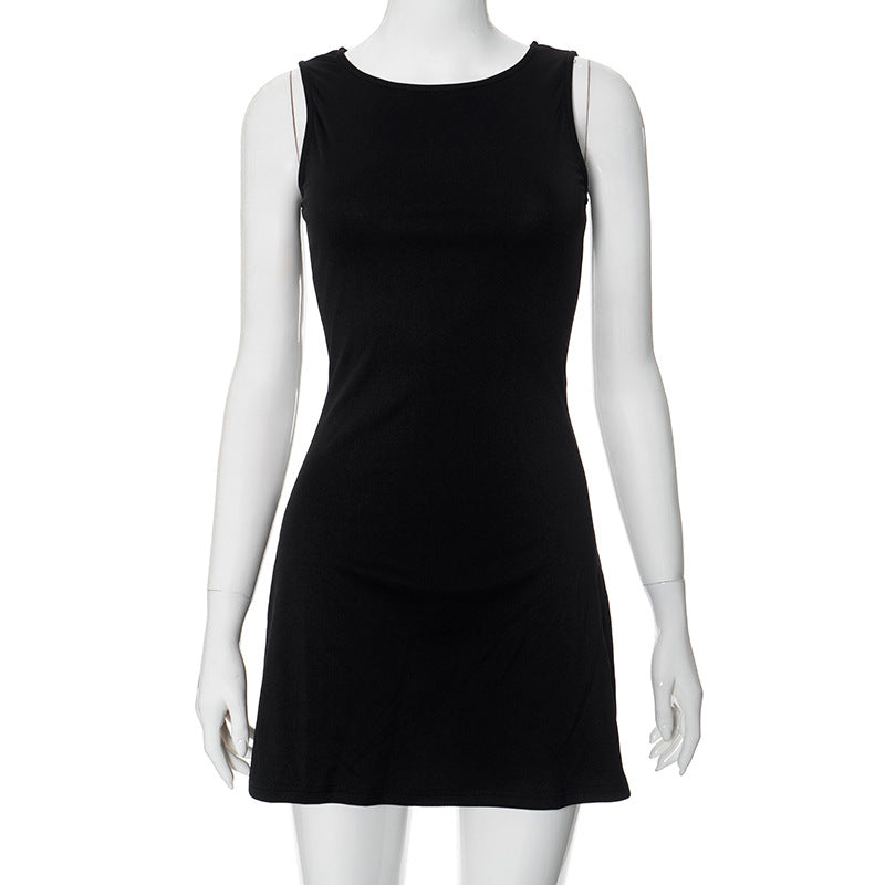 Vestido mini informal de verano para mujer, color liso, cuello redondo, sin mangas