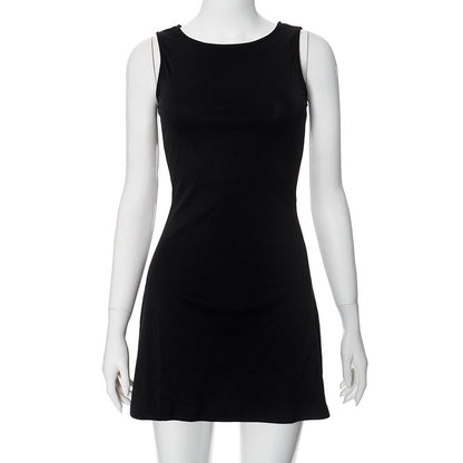 Vestido mini informal de verano para mujer, color liso, cuello redondo, sin mangas