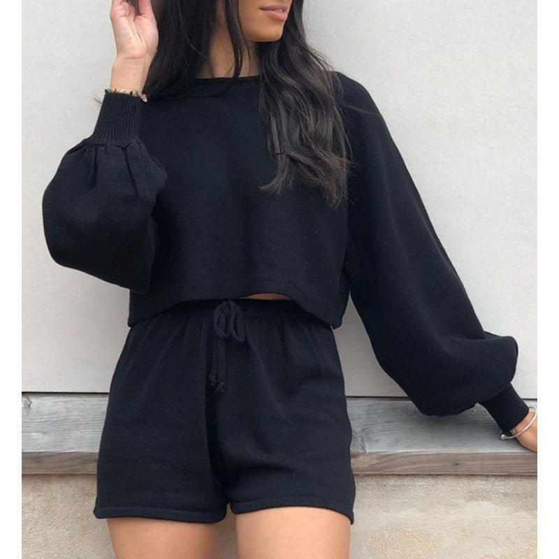 Women Casual Solid Color Knitted Long-Sleeve Sweater Drawstring Shorts Two-Piece Set