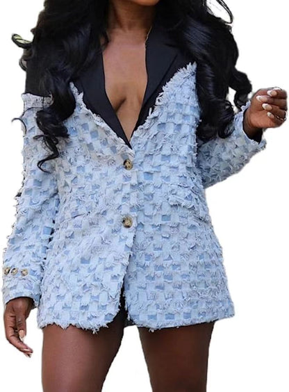 Chaqueta informal de manga larga con solapa y estampado de cuadros jacquard para mujer