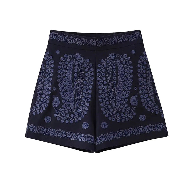 Women Fashion High Waist Embroidered Solid Color Casual Shorts