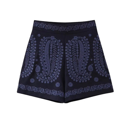 Women Fashion High Waist Embroidered Solid Color Casual Shorts