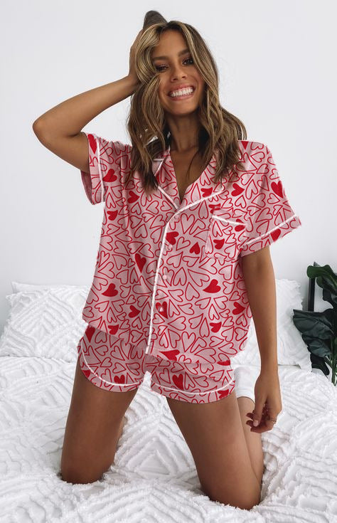 Conjunto de pijama informal de moda para mujer con lazo y estampado de fresas, solapa, manga corta, pantalones cortos holgados