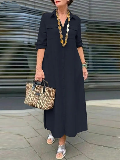 Women Fashion Casual Solid Color Long Sleeve Button Laps Plus Size Dress
