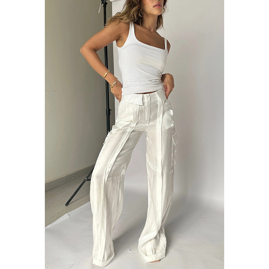 Pantalones casuales sueltos de color sólido con cremallera para mujer