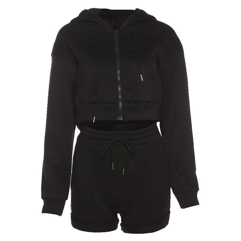Women Fashion Casual Solid Color Long-Sleeve Hooded Drawstring Shorts Two-Piece Set