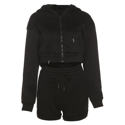 Women Fashion Casual Solid Color Long-Sleeve Hooded Drawstring Shorts Two-Piece Set