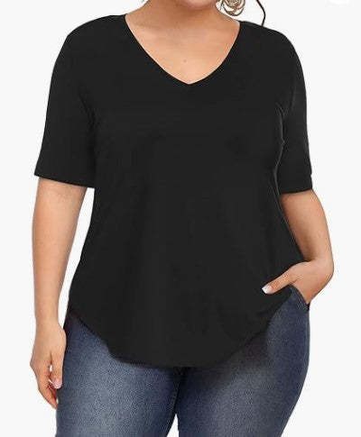 Summer Women Casual Plus Size Solid Color V-Neck Short-Sleeved T-Shirt