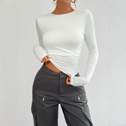 Camiseta informal de manga larga con cuello redondo y espalda descubierta para mujer