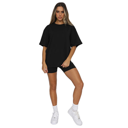 Women Athleisure Solid Color Short Sleeve Round Neck Top And Casual Shorts two pieces Suit