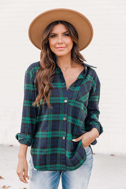 Camisa informal de manga larga con bolsillos y cuadros a la moda para mujer