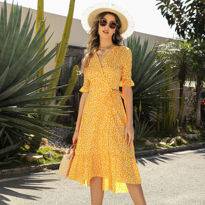 Women Summer Vacation Casual A-Line Short Sleeve Floral Wrap Dress