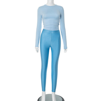 Conjunto de dos piezas formado por camiseta y pantalón de cintura alta, manga larga, cuello redondo, color liso, informal, para mujer