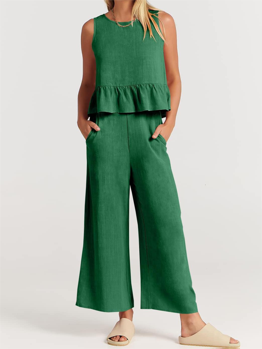 Conjunto informal de verano para mujer, blusa sin mangas con volantes y pantalones de pierna ancha