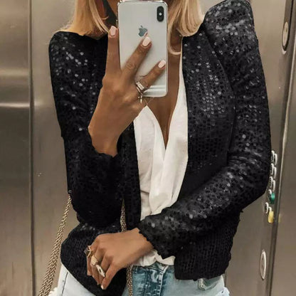 Chaqueta informal elegante de manga larga con lentejuelas de color liso a la moda para mujer