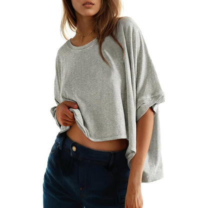 Camiseta informal holgada de manga corta con cuello redondo y estampado de murciélago para mujer