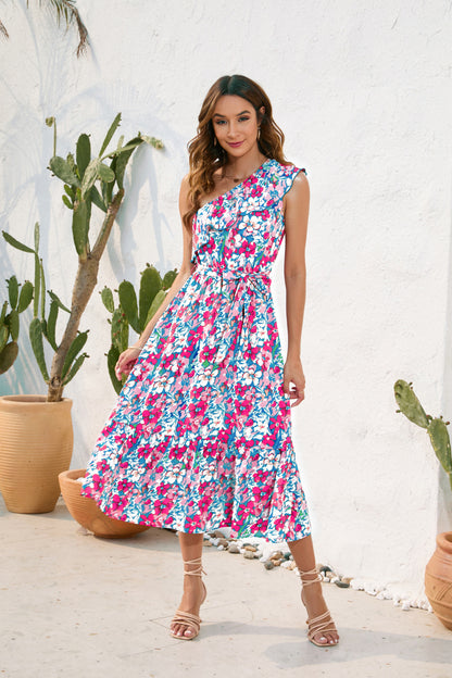 Women Casual One-Shoulder Bandage Floral Printing Dress
