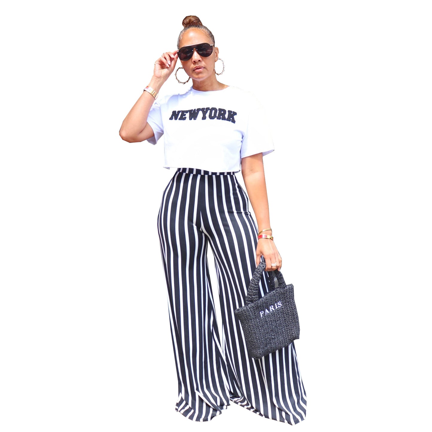 Pantalones anchos de cintura alta con estampado de rayas informales a la moda para mujer