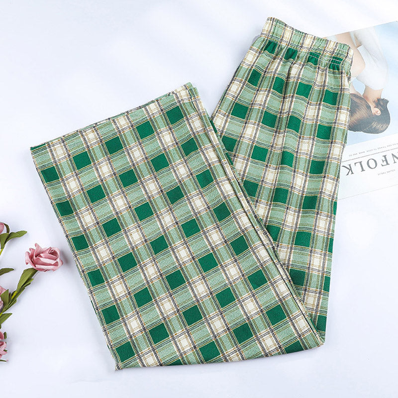 Women Edgy Summer High Waist Straight Plaid Loose Casual Wide Leg Pants
