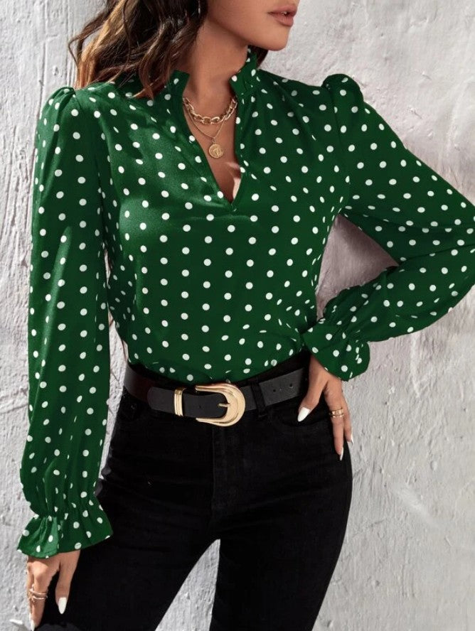 Women Casual Long Sleeve Polka Dot Slim Long-Sleeved Chiffon Shirt Blouse
