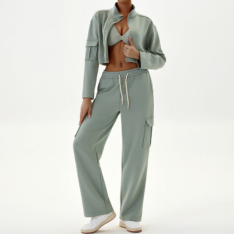 Women Fashion Casual Loose Long-Sleeve Zipper Jacket Pocket Drawstring Pants Sports Two-Piece Set