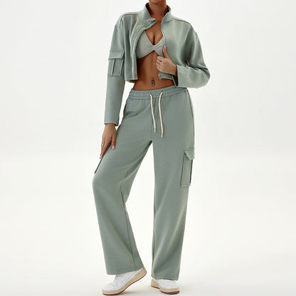 Women Fashion Casual Loose Long-Sleeve Zipper Jacket Pocket Drawstring Pants Sports Two-Piece Set