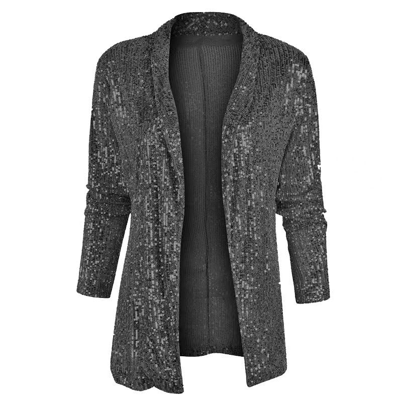 Chaqueta informal de lentejuelas de color liso y corte entallado para mujer