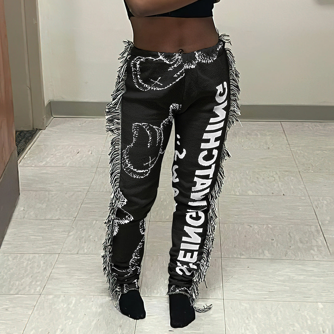 Women Casual Fashion Multicolor Pattern Letter Print Tassel Pants