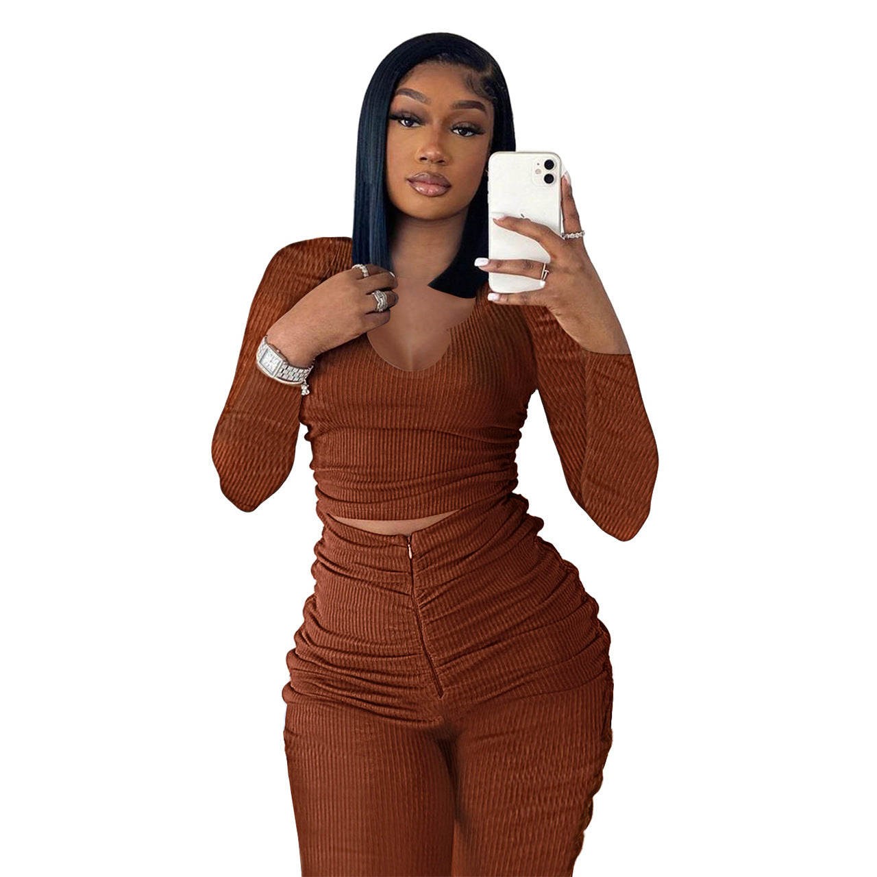 Conjunto deportivo de dos piezas para mujer: top de manga larga con cuello en U y pantalón plisado