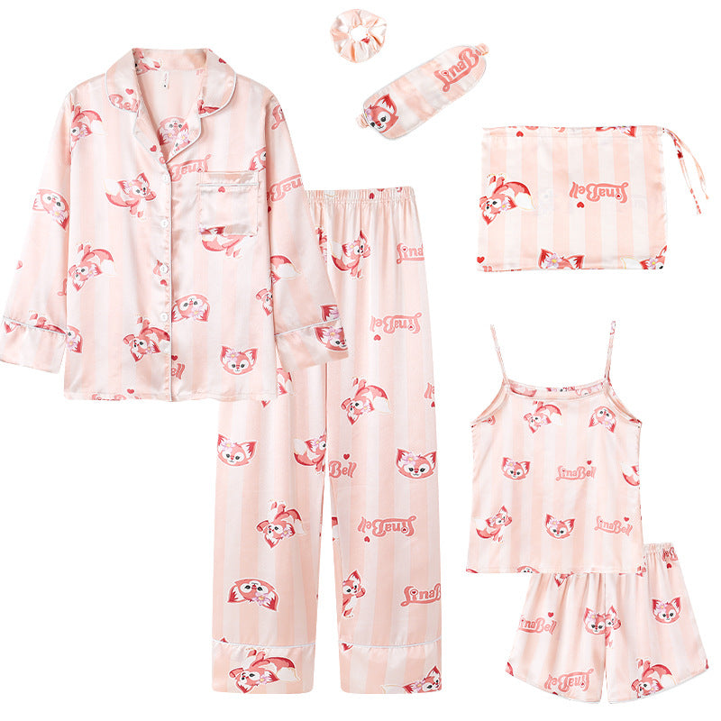 Conjunto de pijama fino de siete piezas con estampado de rayas informal sencillo para mujer