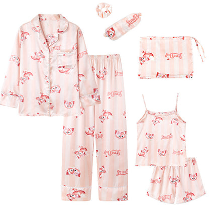 Conjunto de pijama fino de siete piezas con estampado de rayas informal sencillo para mujer