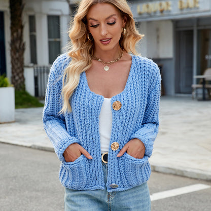 Women Fashion Casual Solid Color V-Neck Long-Sleeve Sweater