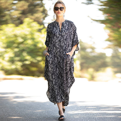 Women Casual Loose Stripe Leaf Feather Print Bikini Cover-Ups