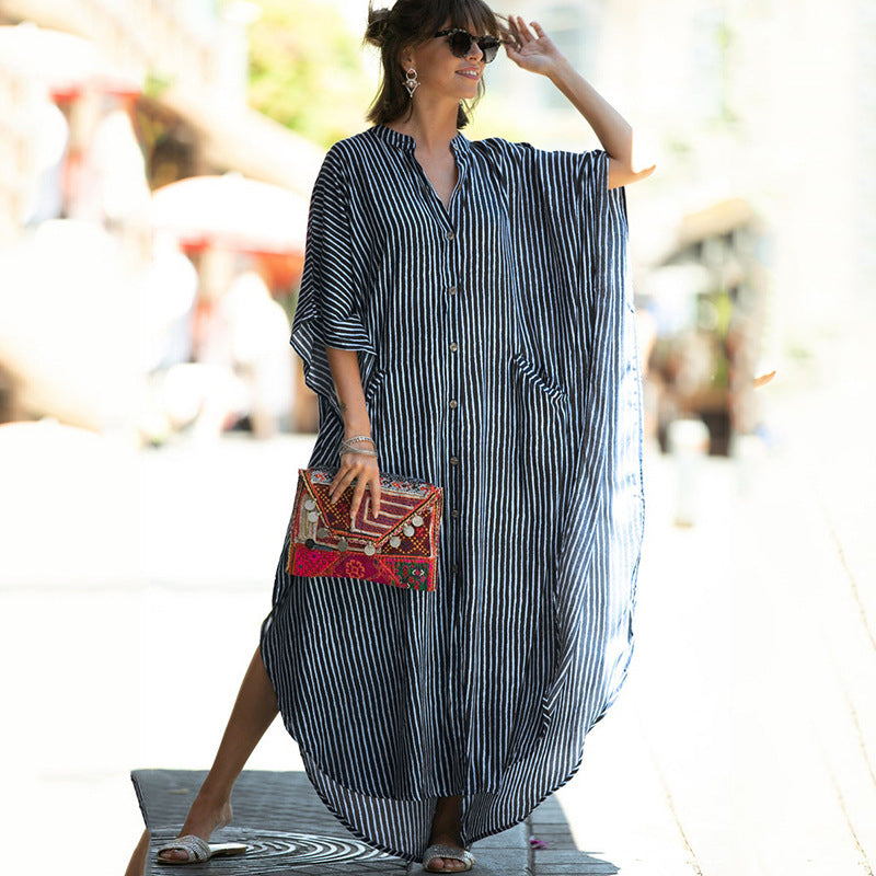 Women Casual Loose Stripe Leaf Feather Print Bikini Cover-Ups