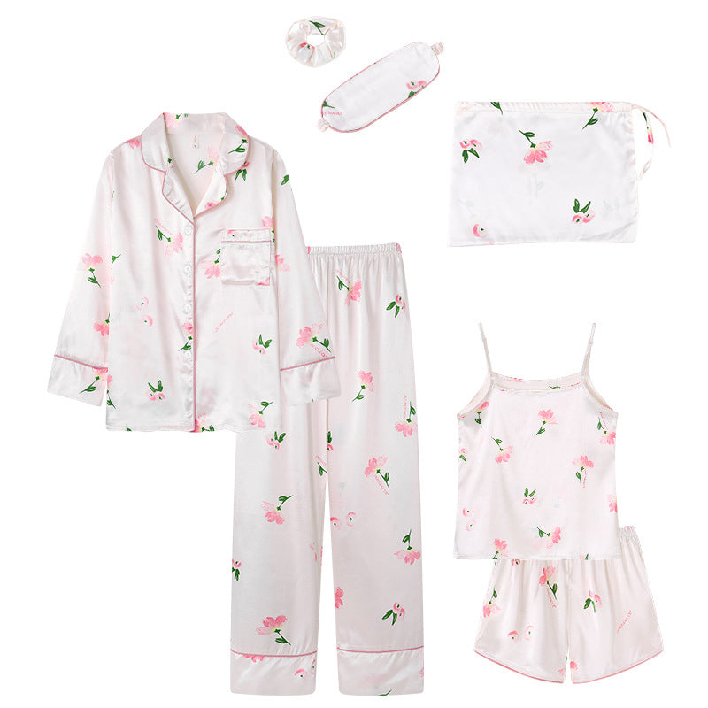 Conjunto de pijama fino de siete piezas con estampado de rayas informal sencillo para mujer