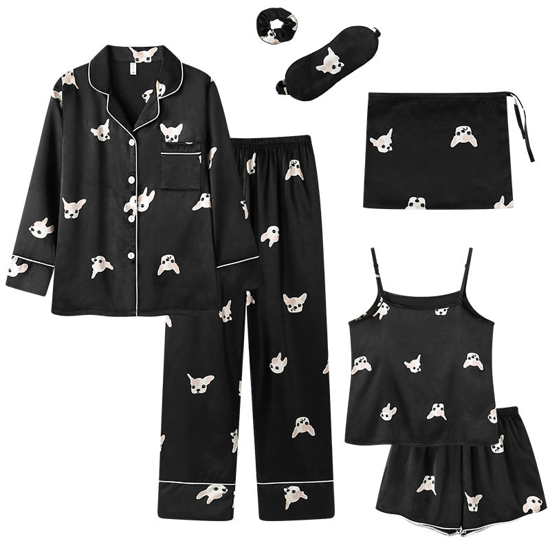 Conjunto de pijama fino de siete piezas con estampado de rayas informal sencillo para mujer